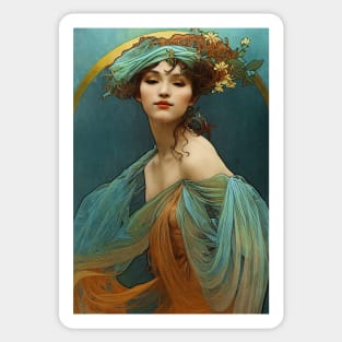 Art Nouveau Beauty in Turquoise and Orange - Vintage, Mucha, Gilded Age Sticker